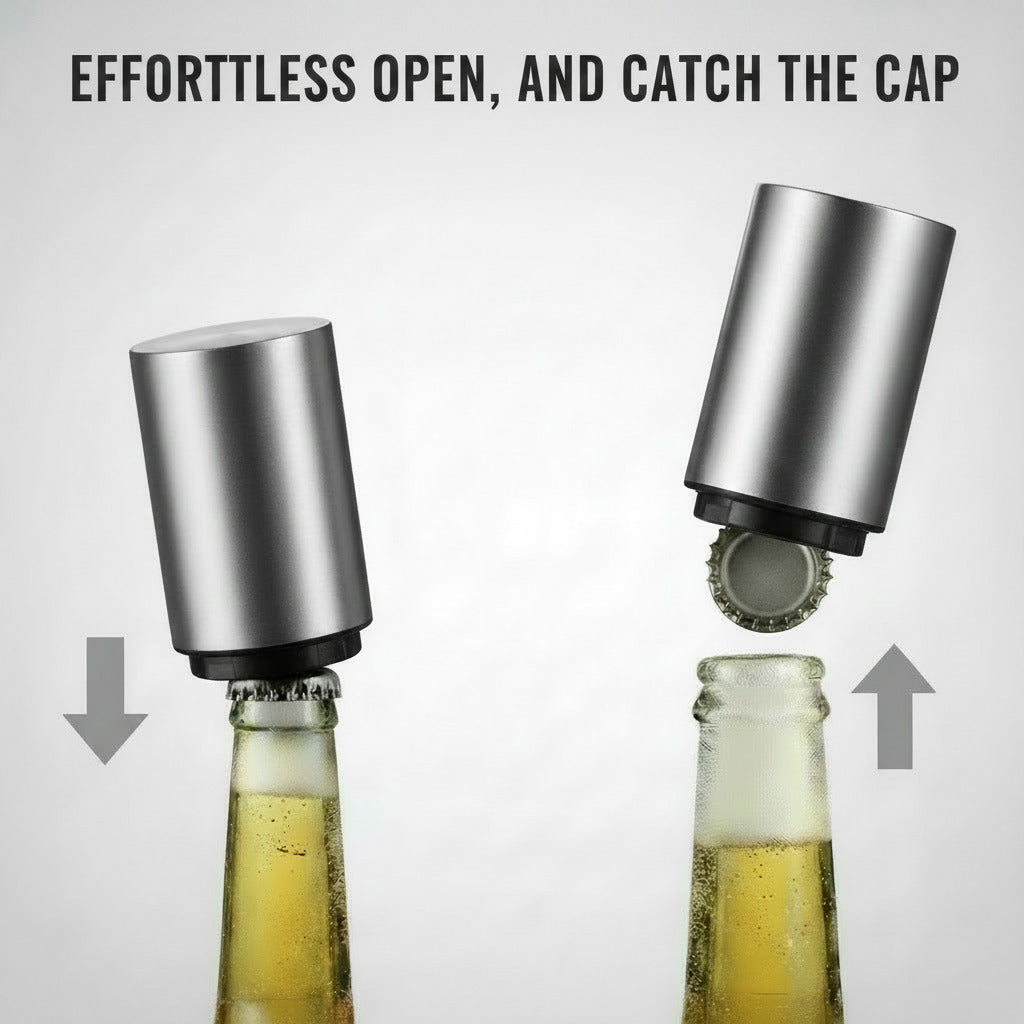 Magnetic Beer Bottle Opener with Automatic Cap Catcher, Ultra Premium Stainless Steel Soda & Beer Bottle Opener, Push & Pull Convenient Design Bar Accessory